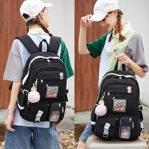 Backpack for Girls with Accessories Laptop Bookbags 16 Inch Kawaii Kids Elementary Middle High School Bag College Travel Daypack Gifts for Teens Women Students (Black) in Kuwait