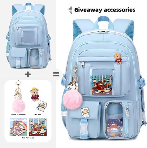 Backpack for Girls with Accessories Laptop Bookbags 16 Inch Kawaii Kids Elementary Middle High School Bag College Travel Daypack Gifts for Teens Women Students (Black) in Kuwait