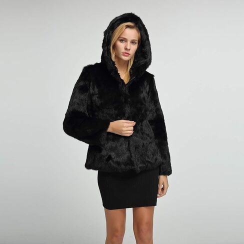 Fur Story Women's Genuine Rabbit Fur Coat Fuzzy Warm Fur Jacket Winter Outware in Kuwait