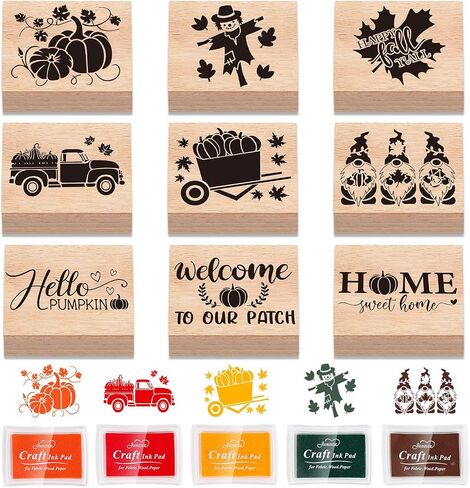 Whaline 9 PCS Fall Wooden Rubber Stamps with 5 Colors Craft Ink Pads Autumn Pumpkin Gnome DIY Craft Craft in Saudi Arabia