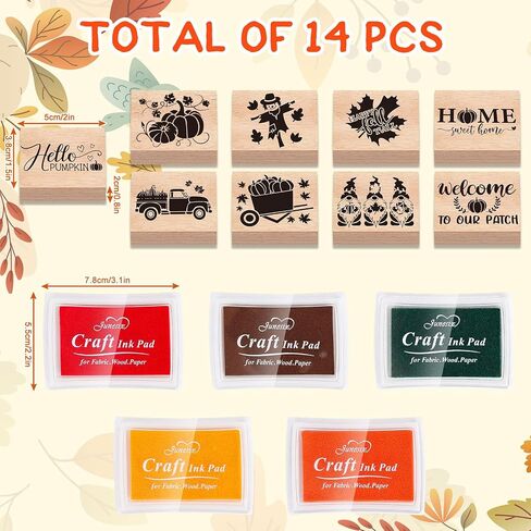 Whaline 9 PCS Fall Wooden Rubber Stamps with 5 Colors Craft Ink Pads Autumn Pumpkin Gnome DIY Craft Craft in Saudi Arabia