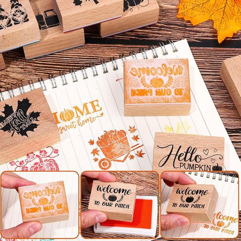 Whaline 9 PCS Fall Wooden Rubber Stamps with 5 Colors Craft Ink Pads Autumn Pumpkin Gnome DIY Craft Craft in Saudi Arabia