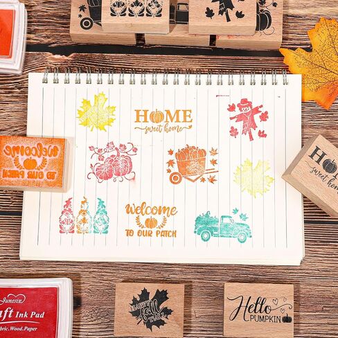 Whaline 9 PCS Fall Wooden Rubber Stamps with 5 Colors Craft Ink Pads Autumn Pumpkin Gnome DIY Craft Craft in Saudi Arabia