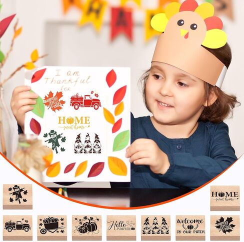 Whaline 9 PCS Fall Wooden Rubber Stamps with 5 Colors Craft Ink Pads Autumn Pumpkin Gnome DIY Craft Craft in Saudi Arabia