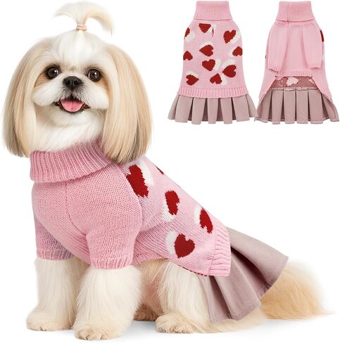 YUDODO Pet Dog Sweater Dress with Heart Pattern Pet Girl Dog Winter Knitted Clothes Warm Sweater for Yorkies Chihuahua with Leash Hole (S, Grey) in Saudi Arabia