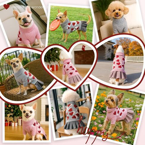 YUDODO Pet Dog Sweater Dress with Heart Pattern Pet Girl Dog Winter Knitted Clothes Warm Sweater for Yorkies Chihuahua with Leash Hole (S, Grey) in Saudi Arabia