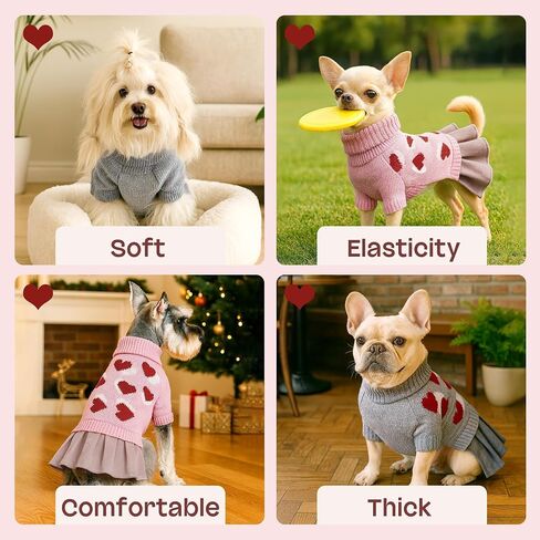 YUDODO Pet Dog Sweater Dress with Heart Pattern Pet Girl Dog Winter Knitted Clothes Warm Sweater for Yorkies Chihuahua with Leash Hole (S, Grey) in Saudi Arabia