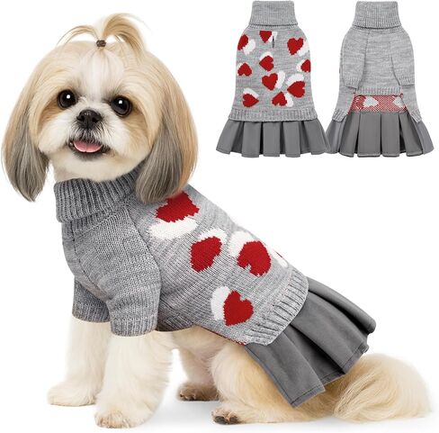 YUDODO Pet Dog Sweater Dress with Heart Pattern Pet Girl Dog Winter Knitted Clothes Warm Sweater for Yorkies Chihuahua with Leash Hole (S, Grey) in Saudi Arabia