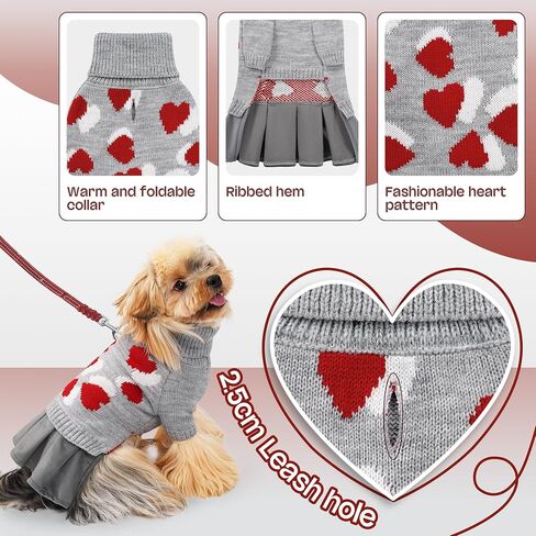 YUDODO Pet Dog Sweater Dress with Heart Pattern Pet Girl Dog Winter Knitted Clothes Warm Sweater for Yorkies Chihuahua with Leash Hole (S, Grey) in Saudi Arabia