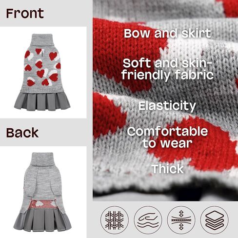YUDODO Pet Dog Sweater Dress with Heart Pattern Pet Girl Dog Winter Knitted Clothes Warm Sweater for Yorkies Chihuahua with Leash Hole (S, Grey) in Saudi Arabia