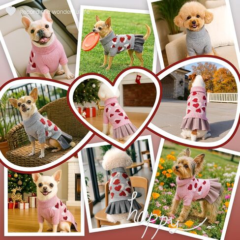 YUDODO Pet Dog Sweater Dress with Heart Pattern Pet Girl Dog Winter Knitted Clothes Warm Sweater for Yorkies Chihuahua with Leash Hole (S, Grey) in Saudi Arabia