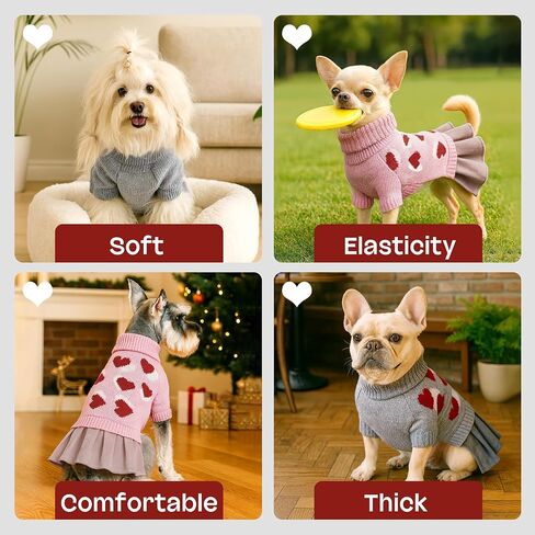 YUDODO Pet Dog Sweater Dress with Heart Pattern Pet Girl Dog Winter Knitted Clothes Warm Sweater for Yorkies Chihuahua with Leash Hole (S, Grey) in Saudi Arabia