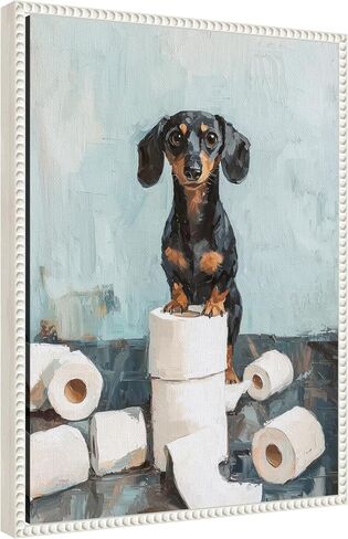 Kate and Laurel لطيف Dachshund Dog Dog Paper Rolls Blue Teal Bathroom Art Framed Canvas Wall by The Creative Bunch Studio 18 × 24 Sylvie بيضاء ، غريب الأطوار ، فكاهة ، فنون الحمام in Saudi Arabia