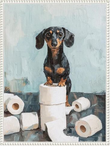 Kate and Laurel لطيف Dachshund Dog Dog Paper Rolls Blue Teal Bathroom Art Framed Canvas Wall by The Creative Bunch Studio 18 × 24 Sylvie بيضاء ، غريب الأطوار ، فكاهة ، فنون الحمام in Saudi Arabia