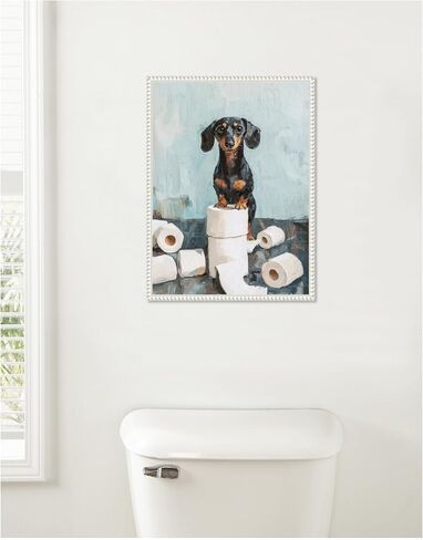Kate and Laurel لطيف Dachshund Dog Dog Paper Rolls Blue Teal Bathroom Art Framed Canvas Wall by The Creative Bunch Studio 18 × 24 Sylvie بيضاء ، غريب الأطوار ، فكاهة ، فنون الحمام in Saudi Arabia