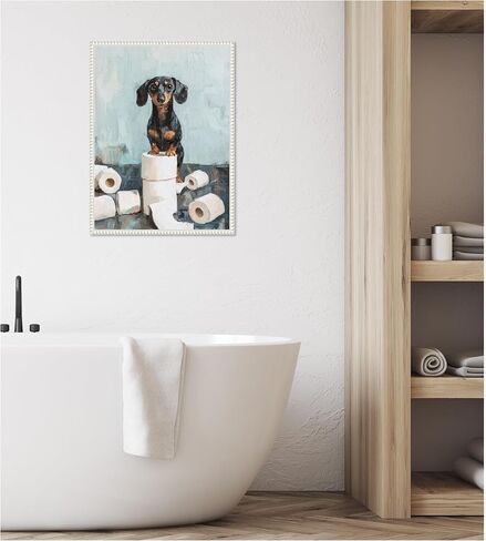 Kate and Laurel لطيف Dachshund Dog Dog Paper Rolls Blue Teal Bathroom Art Framed Canvas Wall by The Creative Bunch Studio 18 × 24 Sylvie بيضاء ، غريب الأطوار ، فكاهة ، فنون الحمام in Saudi Arabia
