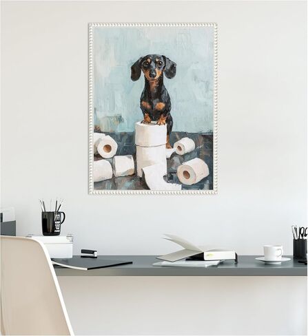 Kate and Laurel لطيف Dachshund Dog Dog Paper Rolls Blue Teal Bathroom Art Framed Canvas Wall by The Creative Bunch Studio 18 × 24 Sylvie بيضاء ، غريب الأطوار ، فكاهة ، فنون الحمام in Saudi Arabia