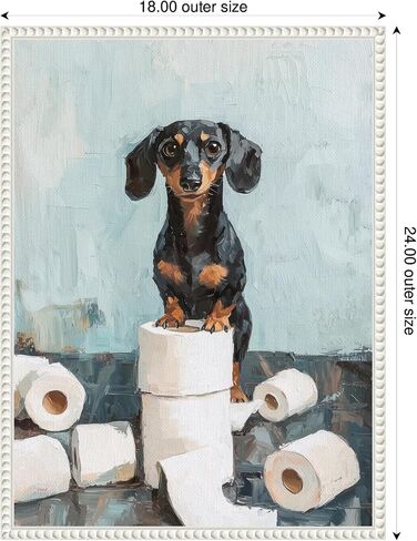 Kate and Laurel لطيف Dachshund Dog Dog Paper Rolls Blue Teal Bathroom Art Framed Canvas Wall by The Creative Bunch Studio 18 × 24 Sylvie بيضاء ، غريب الأطوار ، فكاهة ، فنون الحمام in Saudi Arabia