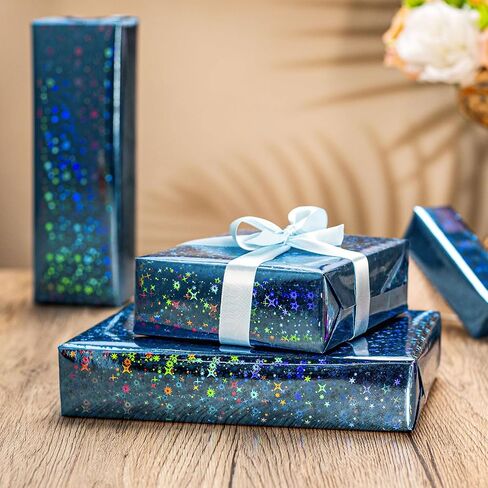 Merture Blue Holographic Paper Roll ، لف هدايا الفضاء الأزرق مع تصميم مجرة ​​مشرقة لعيد الميلاد ، استحمام الطفل ، عيد الميلاد ، عيد الأب ، الأعشاب الضارة - 17 في × 32.8 قدم (46.5 قدم مربع) in Kuwait