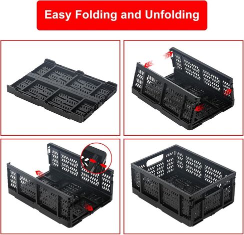 Heavy Duty Plastic Milk Crates for Storage, 4-Pack Stackable Storage Bins for Organizing, Collapsible Storage Basket with Handle for Groceries, Suitable for Home Office School Store, Black in Kuwait