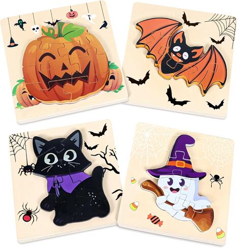 4Pack Halloween Buzzles Wooden for Choodlers - ألعاب التعلم التعليمي ، ولغز بانوراما لصالح الحفلات ، واللوازم ، والأطفال ، والفتيان ، والبنات - تعامل مع حقائب الصالح. in Kuwait