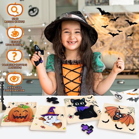 4Pack Halloween Buzzles Wooden for Choodlers - ألعاب التعلم التعليمي ، ولغز بانوراما لصالح الحفلات ، واللوازم ، والأطفال ، والفتيان ، والبنات - تعامل مع حقائب الصالح. in Kuwait