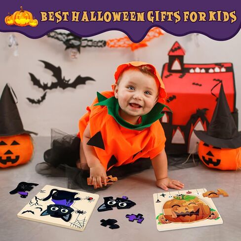4Pack Halloween Buzzles Wooden for Choodlers - ألعاب التعلم التعليمي ، ولغز بانوراما لصالح الحفلات ، واللوازم ، والأطفال ، والفتيان ، والبنات - تعامل مع حقائب الصالح. in Kuwait