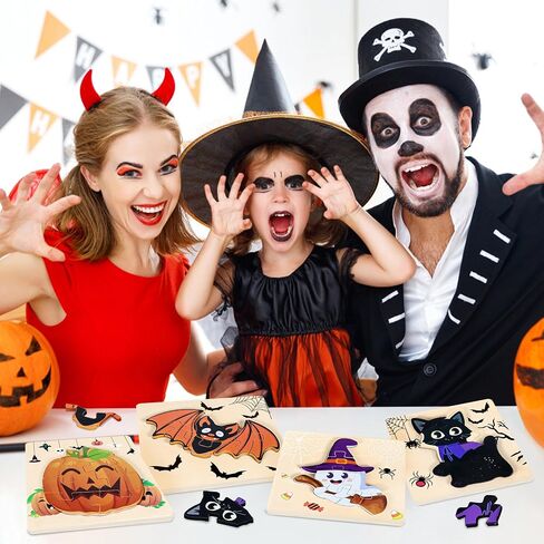 4Pack Halloween Buzzles Wooden for Choodlers - ألعاب التعلم التعليمي ، ولغز بانوراما لصالح الحفلات ، واللوازم ، والأطفال ، والفتيان ، والبنات - تعامل مع حقائب الصالح. in Kuwait