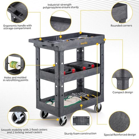 ELAFROS 3 Shelf Heavy Duty Plastic Utility Cart 34 x 17 x 38.5 Inch - Work Cart with Full Swivel Wheels Deep Shelves and Safely Holds up to 550 lbs - 3 Tier Service Cart Tool cart, Gray in Kuwait