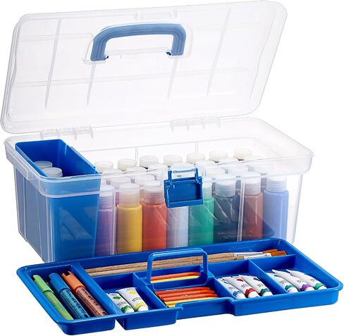 Plastic Paint Storage Box, Clear Arts & Crafts Organizer with Removable Tray and Paintbrush Rinse Slot, 36 Bottles Capacity 2 fl. oz Pigment Storage Bin for Organizing Sewing, Stationery(Blue) in Saudi Arabia