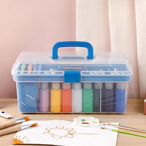 Plastic Paint Storage Box, Clear Arts & Crafts Organizer with Removable Tray and Paintbrush Rinse Slot, 36 Bottles Capacity 2 fl. oz Pigment Storage Bin for Organizing Sewing, Stationery(Blue) in Saudi Arabia