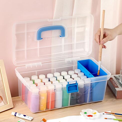 Plastic Paint Storage Box, Clear Arts & Crafts Organizer with Removable Tray and Paintbrush Rinse Slot, 36 Bottles Capacity 2 fl. oz Pigment Storage Bin for Organizing Sewing, Stationery(Blue) in Saudi Arabia
