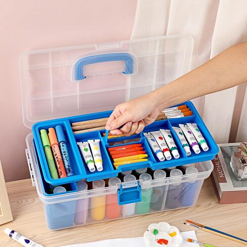 Plastic Paint Storage Box, Clear Arts & Crafts Organizer with Removable Tray and Paintbrush Rinse Slot, 36 Bottles Capacity 2 fl. oz Pigment Storage Bin for Organizing Sewing, Stationery(Blue) in Saudi Arabia