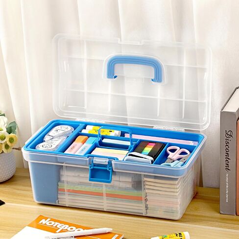 Plastic Paint Storage Box, Clear Arts & Crafts Organizer with Removable Tray and Paintbrush Rinse Slot, 36 Bottles Capacity 2 fl. oz Pigment Storage Bin for Organizing Sewing, Stationery(Blue) in Saudi Arabia