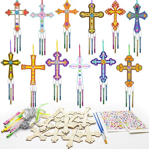 12Pack DIY Christian Cross Wind Chime Kit, Religious Arts and Crafts Set with Wooden Cross Ornaments Painting Supplies Multicolor Chime Tubes, Ideal for Bible School Sunday School Easter Activities in Saudi Arabia