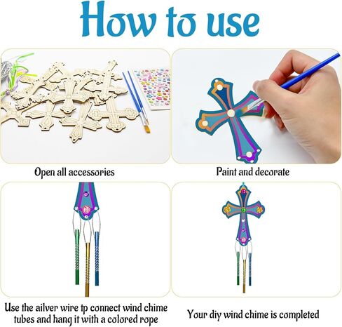 12Pack DIY Christian Cross Wind Chime Kit, Religious Arts and Crafts Set with Wooden Cross Ornaments Painting Supplies Multicolor Chime Tubes, Ideal for Bible School Sunday School Easter Activities in Saudi Arabia
