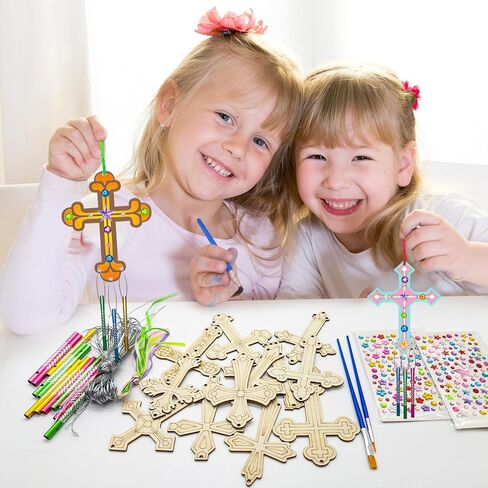 12Pack DIY Christian Cross Wind Chime Kit, Religious Arts and Crafts Set with Wooden Cross Ornaments Painting Supplies Multicolor Chime Tubes, Ideal for Bible School Sunday School Easter Activities in Saudi Arabia