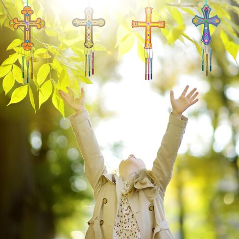 12Pack DIY Christian Cross Wind Chime Kit, Religious Arts and Crafts Set with Wooden Cross Ornaments Painting Supplies Multicolor Chime Tubes, Ideal for Bible School Sunday School Easter Activities in Saudi Arabia