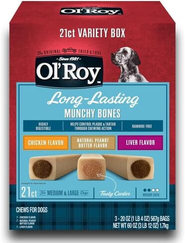 O- Roy Munchy Bones Dog يعامل صندوق التنوع ، الدجاج ، زبدة الفول السوداني ، الكبد ، 21 CT in Kuwait