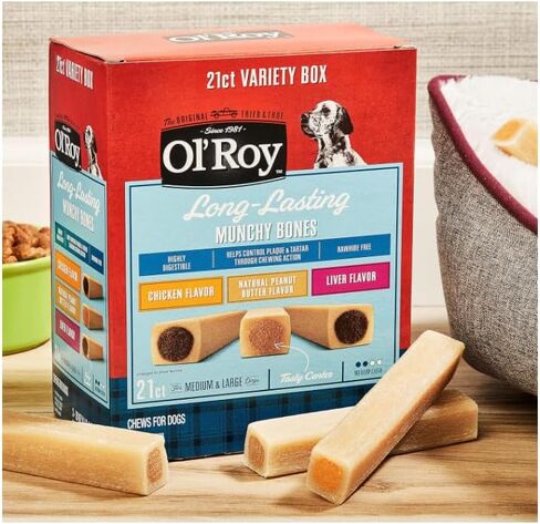 O- Roy Munchy Bones Dog يعامل صندوق التنوع ، الدجاج ، زبدة الفول السوداني ، الكبد ، 21 CT in Kuwait
