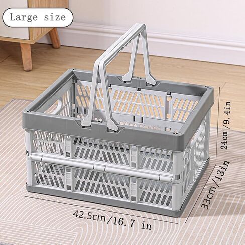 Collapsible Storage Crate with Handles, Milk Crates，33L Foldable Plastic Shopping Basket, Organizer Container for Car Home Pinic (Light gray, Large) in Kuwait