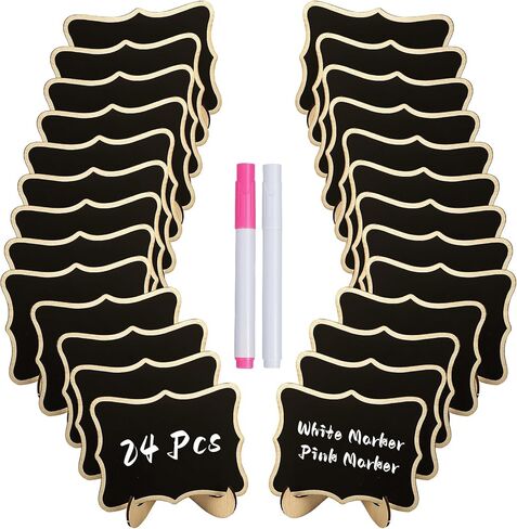 Uniclife 24 Pack Mini Chalkboard Signs for Food, Small Chalkboard Signs with Stands Chalk Markers & Replacement Stickers, Reusable Wooden Labels for Party Buffet Wedding, Blackboard Place Cards, Wavy in Saudi Arabia