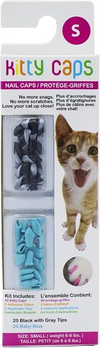 أغطية الأظافر من Kitty Caps للقطط ، والأسود مع نصائح رمادية و Baby Blue - بديل آمن وأنيق وإنساني لإيقاف التوقفات والخدوش ، المتوسطة (9-13 رطلاً) ، 40 عددًا in Kuwait