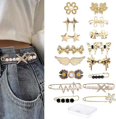 Pant Waist Tightener for Women : Jean Clips to Tighten Waist for Pants - Decorative Jean Buttons Pins for Clothing Dresses Skirts 16pcs and A Box, Golden in Saudi Arabia