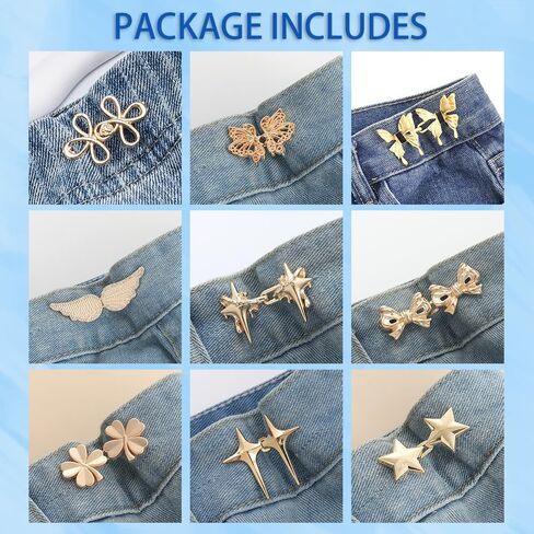 Pant Waist Tightener for Women : Jean Clips to Tighten Waist for Pants - Decorative Jean Buttons Pins for Clothing Dresses Skirts 16pcs and A Box, Golden in Saudi Arabia