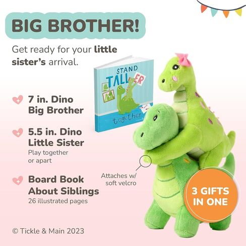 Tickle & Main Big Brother Gift Dinosaur Stuffed Animal Set - 3-Piece, Green, Ages 2+ - Sibling Matching Plush Dinosaurs with Stand Taller Together Book - Sibling Gifts in Saudi Arabia