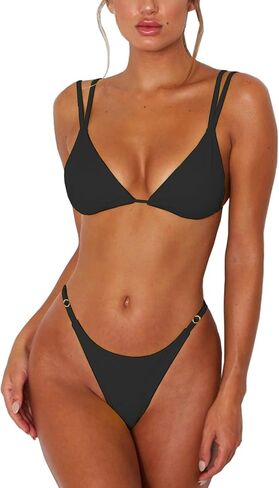 ForBeautyShe Women's Sexy Thong Bottom Two Piece Bikini Double Shoulder Straps Cute Swimsuit Triangle Bathing in Kuwait