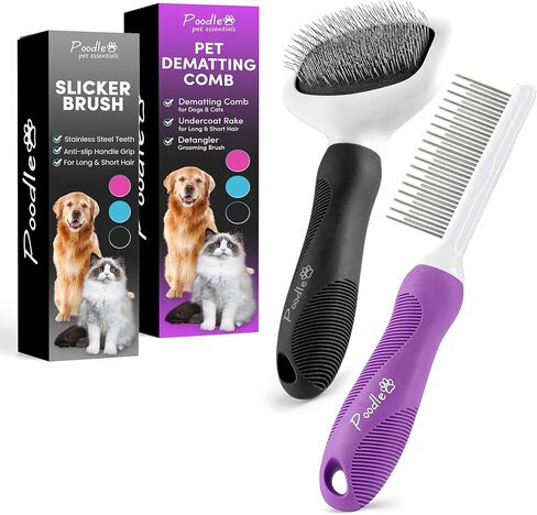 Poodle Pet Detangling Pet Comb + Black Slicker Brush Bundle in Kuwait