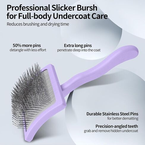 Pet Slicker Brush للشعر الطويل والقصير - أداة فصل للكلاب والقطط - دبابيس الفولاذ المقاوم للصدأ 135 درجة ، مقبض منحني - الاستمالة اللطيفة للسلالات الصغيرة/المتوسطة/الكبيرة (لافندر) in Kuwait
