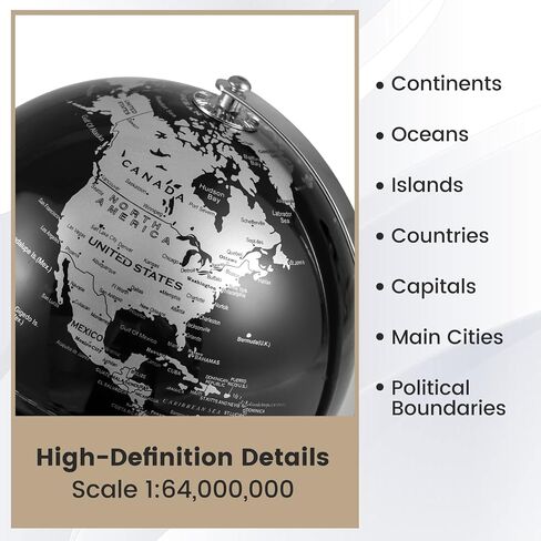Goplus Metallic Black World Globe, 8-Inch Rotating Earth Globe w/Metal Stand, Educational Learning Toy/Teaching Gift for Kids, Modern Desktop Decoration for Home, Office, School (Black + Gold) in Saudi Arabia